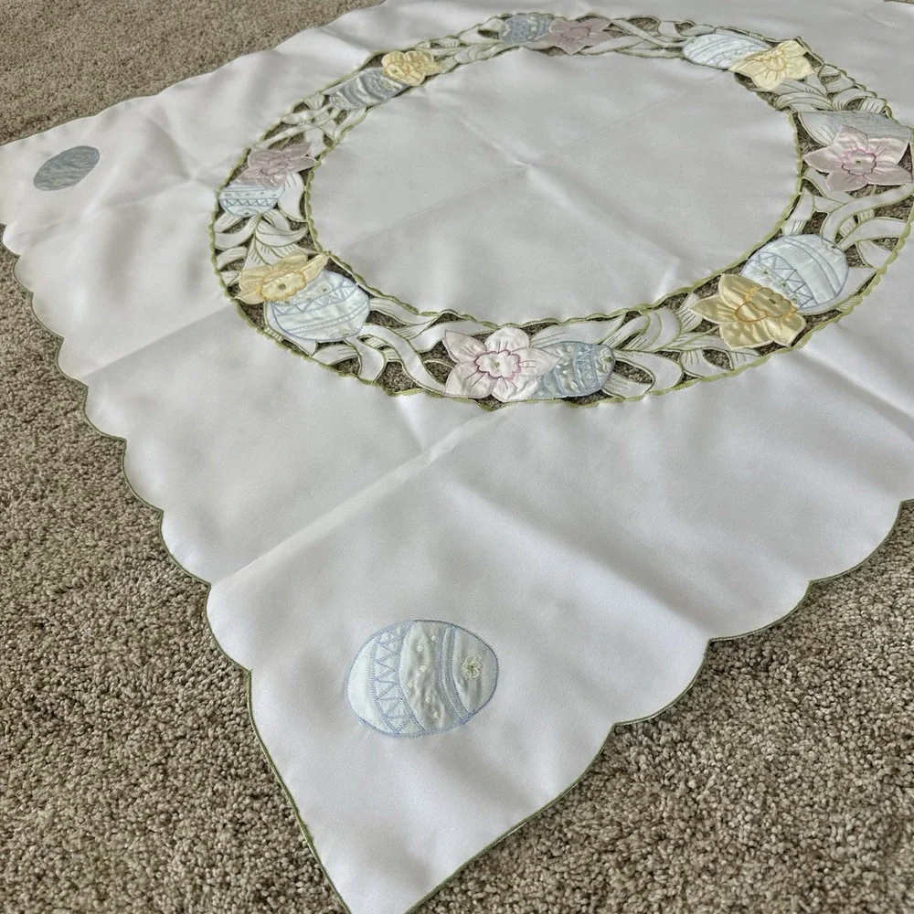 Domestications Easter Cutwork Embroidered Pastel Tablecloth Square Satin 34